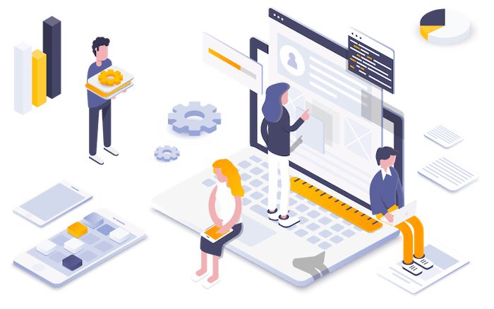 Flat-color-Modern-Isometric-Illustration-design-Web-Development mini imagen descriptiva de flujo de trabajo con delphi